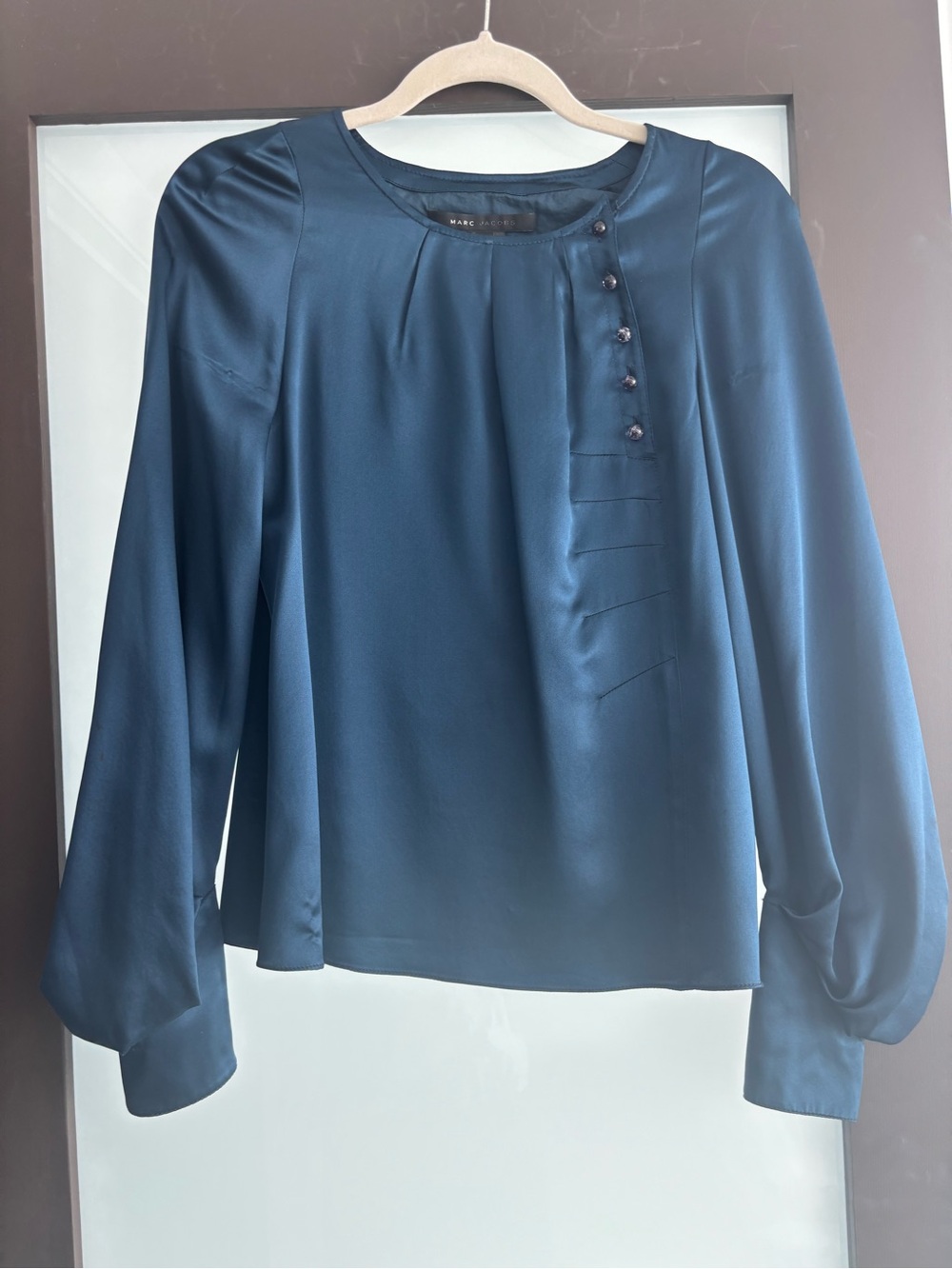 Marc Jacobs Teal Satin Long-Sleeve Blouse with Button Placket